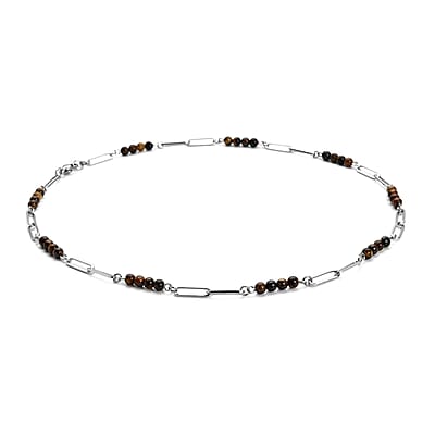 Yellow Tiger's Eye Beaded Paper Clip Chain Necklace (20 Inches) in Stainless Steel 6.00 ctw | Tarnish-Free, Waterproof, Sweat Proof Jewelry