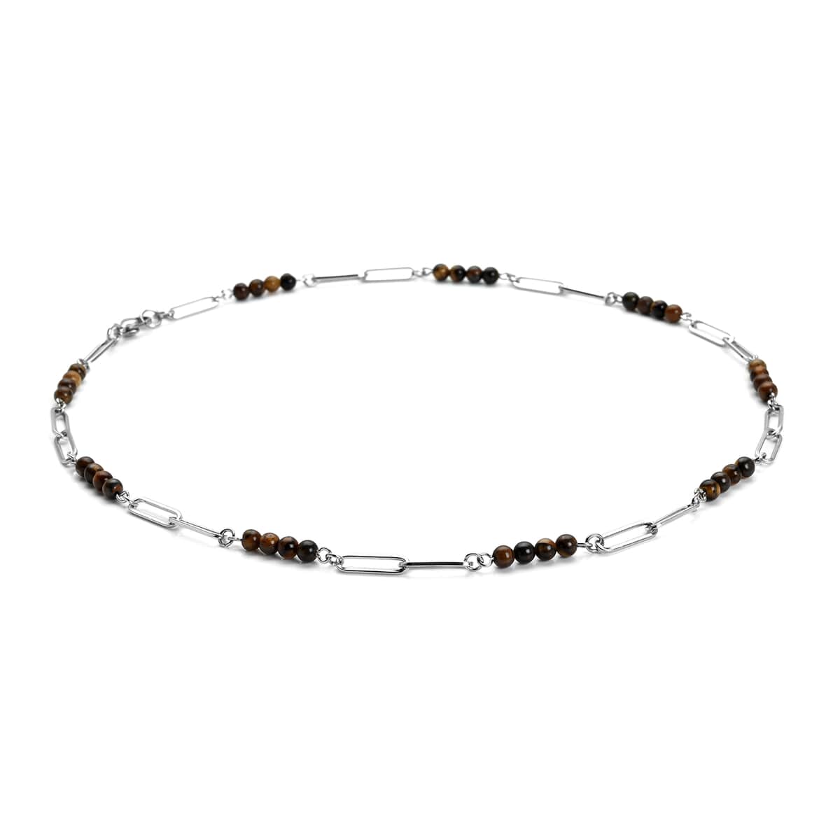 Yellow Tiger's Eye Beaded Paper Clip Chain Necklace (20 Inches) in Stainless Steel 6.00 ctw | Tarnish-Free, Waterproof, Sweat Proof Jewelry image number 2