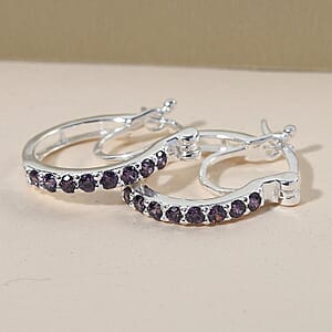 Simulated Amethyst Color Diamond Hoop Earrings in Sterling Silver 1.00 ctw