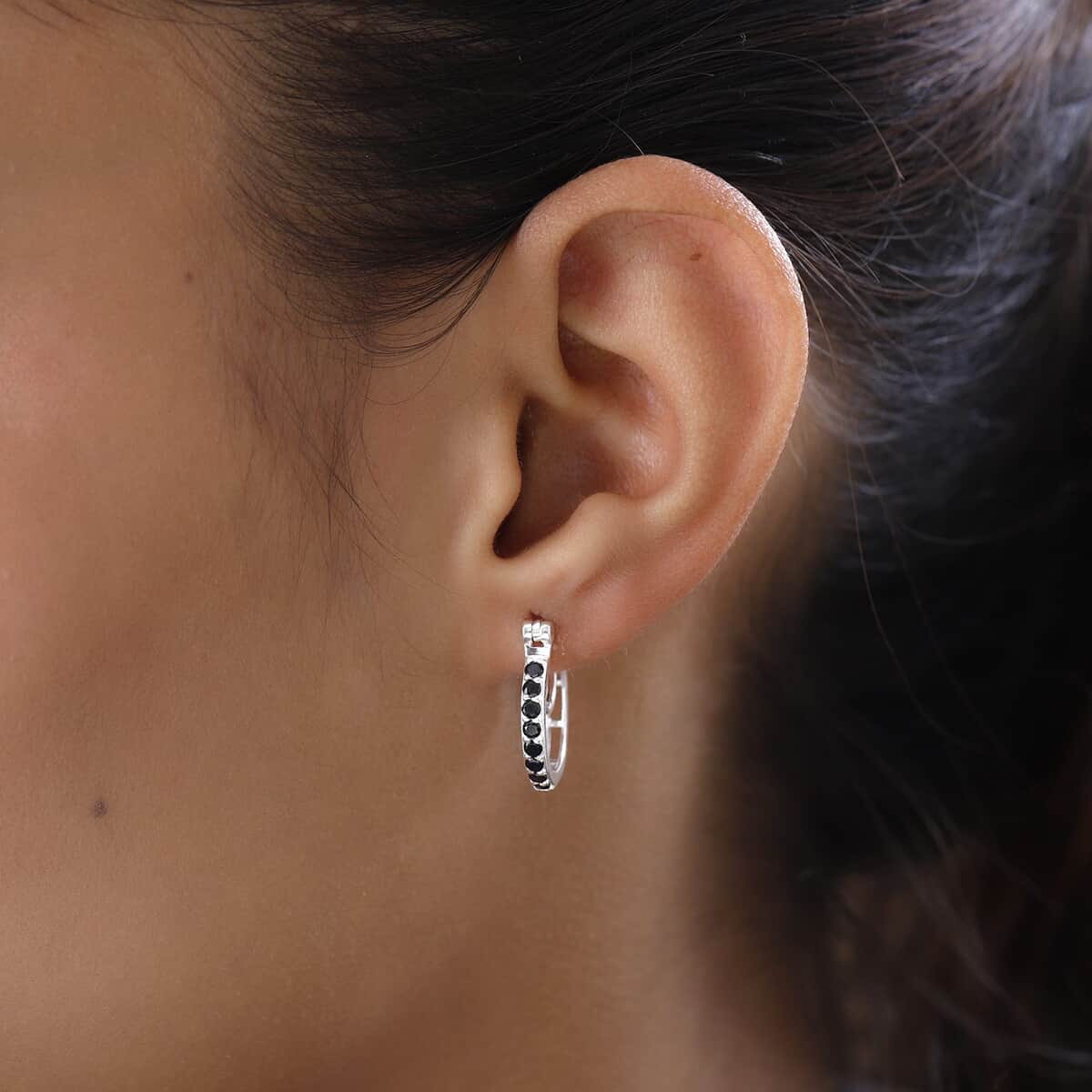 Simulated Black Diamond Hoop Earrings in Sterling Silver 1.00 ctw image number 2