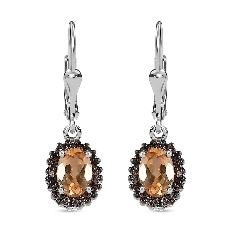 Premium Ceylon Imperial Garnet 2.35 ctw Leverback Earrings in Platinum Plated Sterling Silver, Zircon Halo Earrings, Coffee Zircon Dangle Earrings For Women