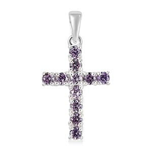 Simulated Amethyst Diamond Cross Pendant in Sterling Silver 1.35 ctw