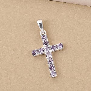 Simulated Amethyst Diamond Cross Pendant in Sterling Silver 1.35 ctw