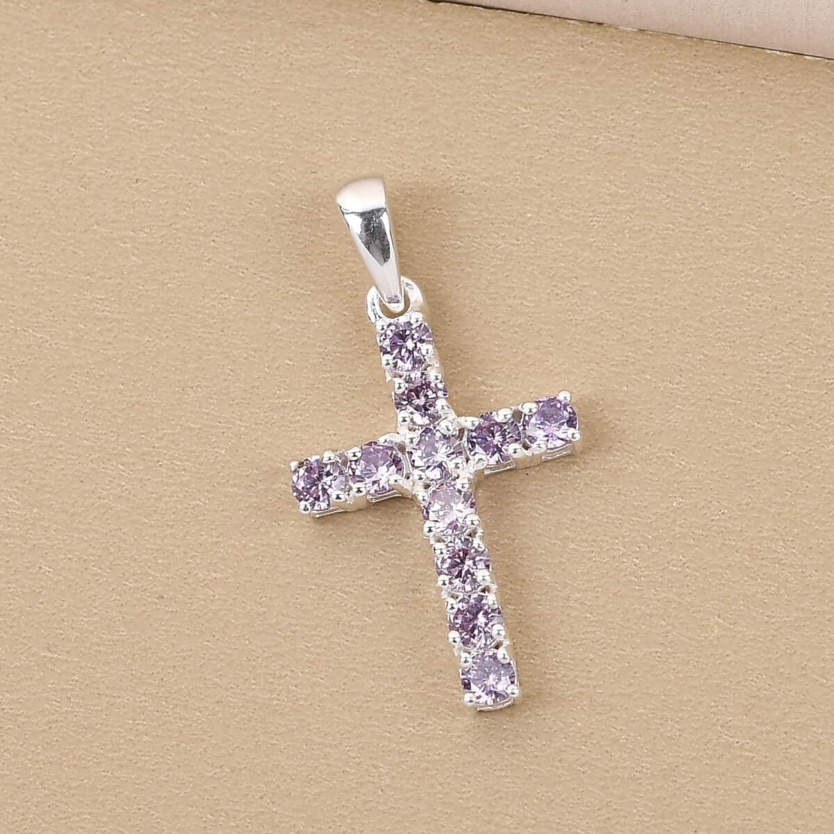 Simulated Amethyst Diamond Cross Pendant in Sterling Silver 1.35 ctw image number 1