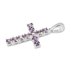 Simulated Amethyst Diamond Cross Pendant in Sterling Silver 1.35 ctw