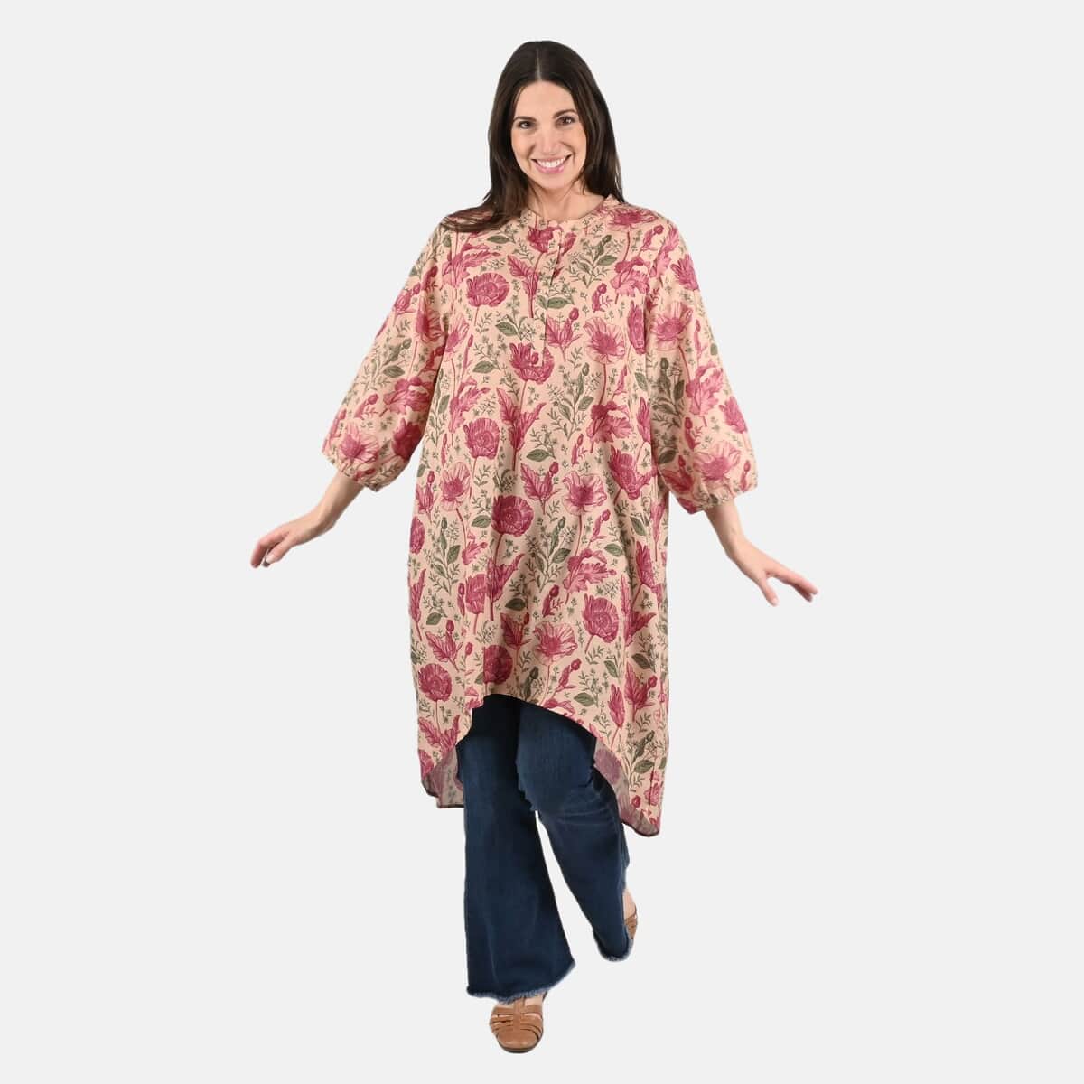 Tamsy Peach Floral Print Tunic - One Size Plus image number 0