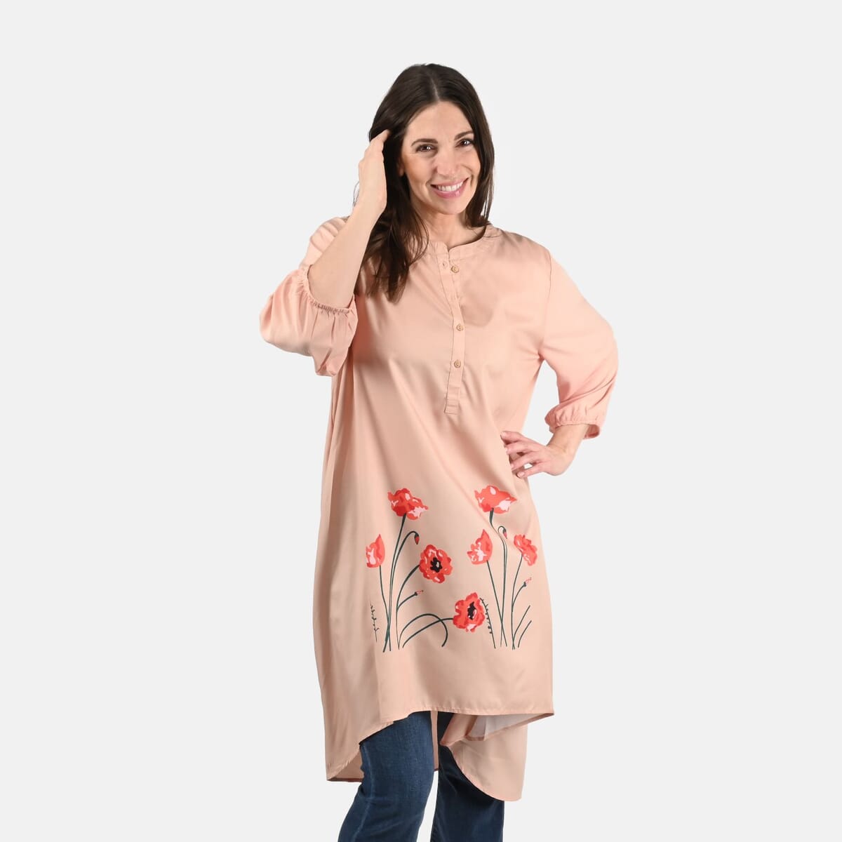 Tamsy Beige Poppy Print Tunic - One Size Plus image number 3