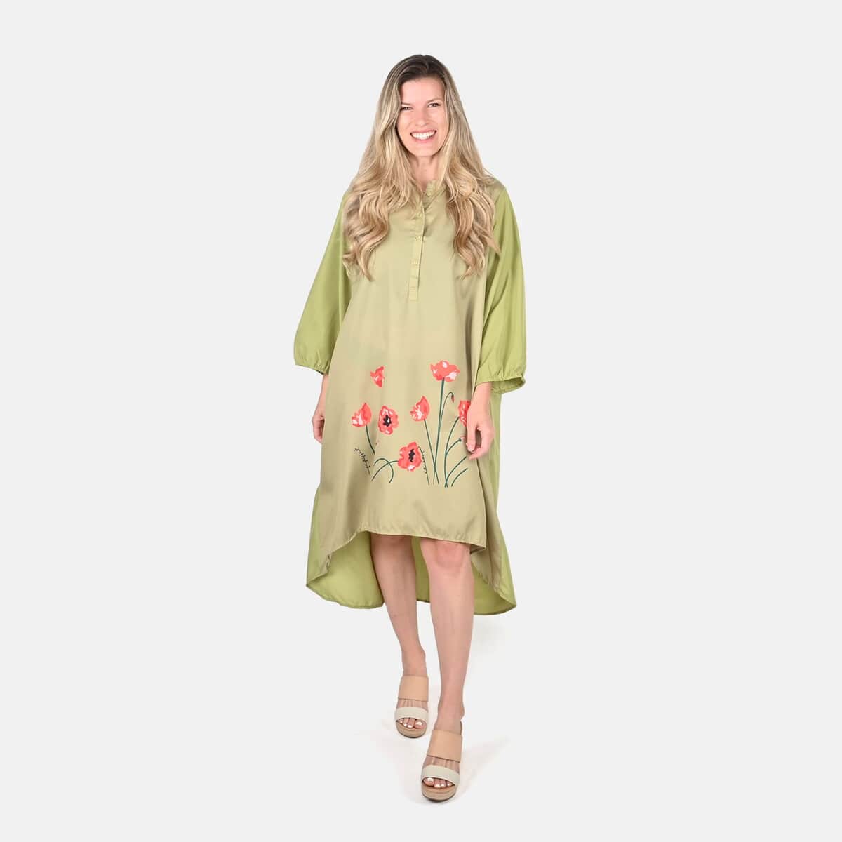 Tamsy Olive Poppy Print Tunic - One Size Missy image number 0