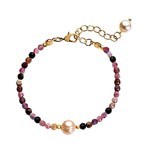 Multi-Tourmaline and Peach Freshwater Pearl Beaded Bracelet in Goldtone (7-9In) 21.50 ctw