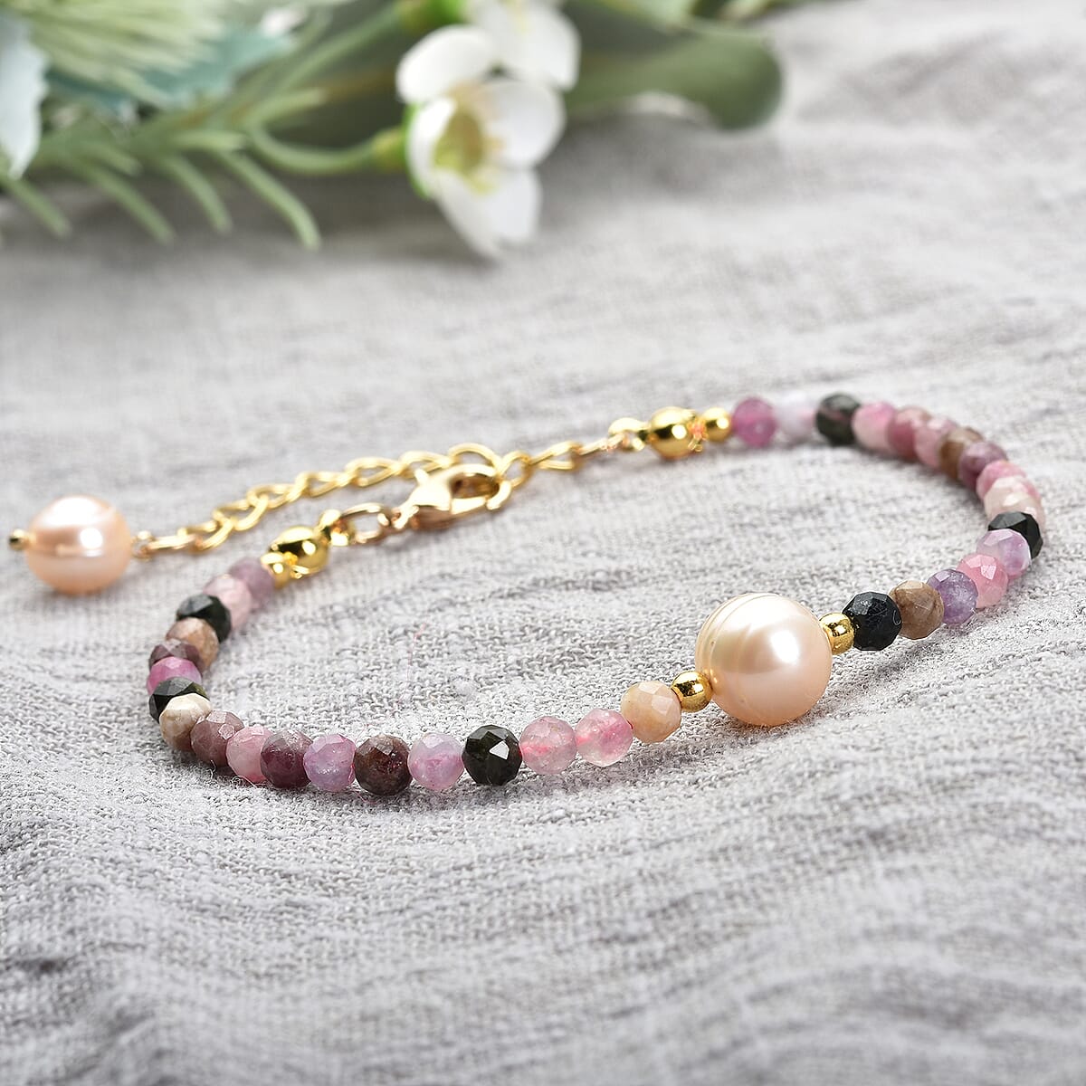 Multi-Tourmaline and Peach Freshwater Pearl Beaded Bracelet in Goldtone (7-9In) 21.50 ctw image number 1