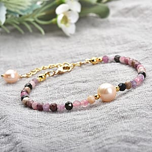Multi-Tourmaline and Peach Freshwater Pearl Beaded Bracelet in Goldtone (7-9In) 21.50 ctw