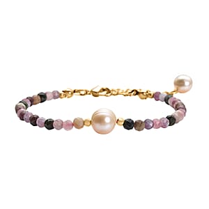 Multi-Tourmaline and Peach Freshwater Pearl Beaded Bracelet in Goldtone (7-9In) 21.50 ctw