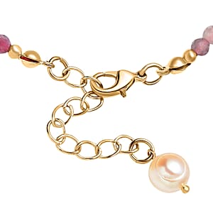 Multi-Tourmaline and Peach Freshwater Pearl Beaded Bracelet in Goldtone (7-9In) 21.50 ctw
