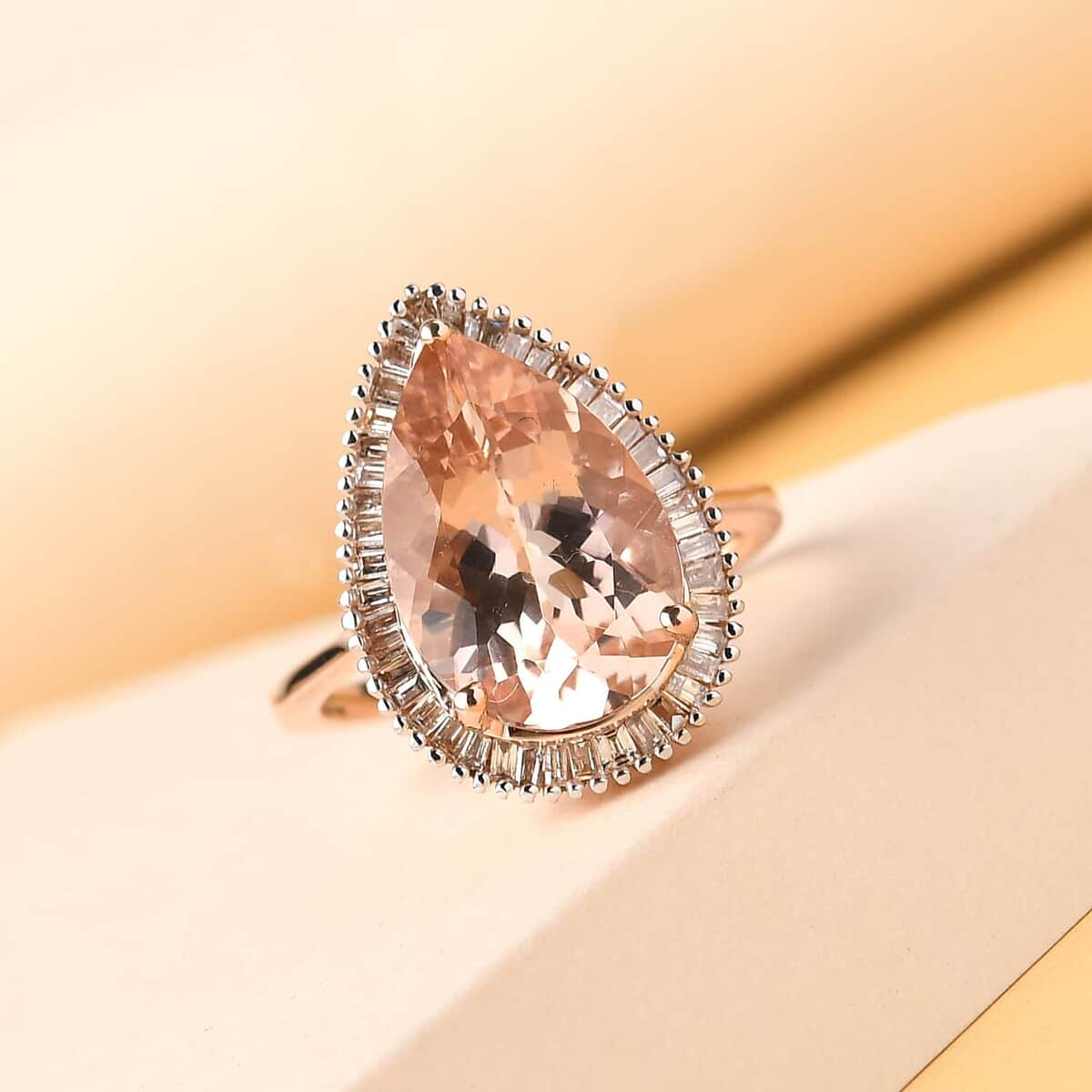 Luxoro 14K Rose Gold AAA Marropino Morganite and G-H I3 Diamond Halo Ring (Size 6.0) 4.35 Grams 5.35 ctw image number 1
