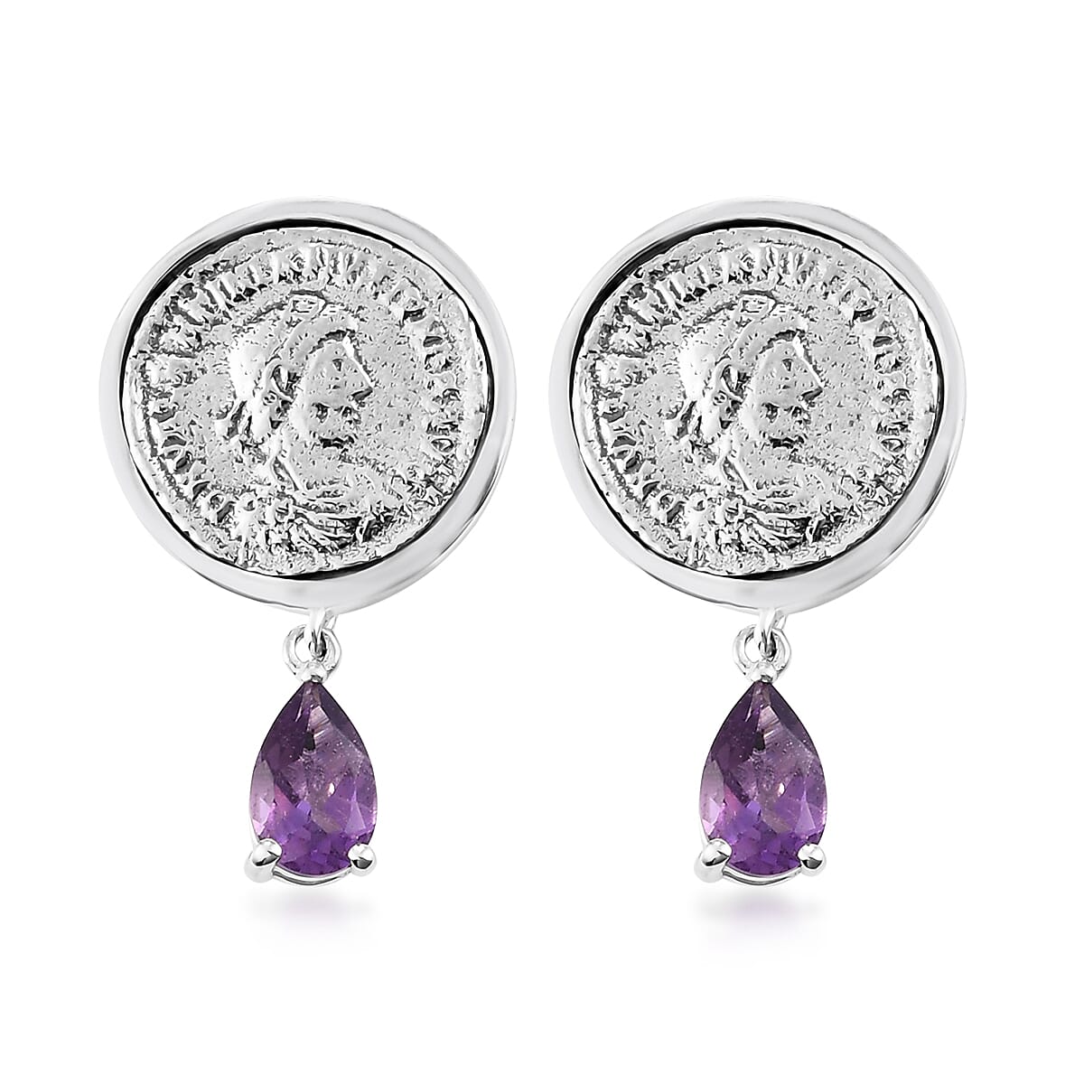 GP Roman Coin - Miracle Glow Collection Amethyst Coin Earrings with Drop Charm in Platinum Over Sterling Silver 7.25 Grams 1.60 ctw