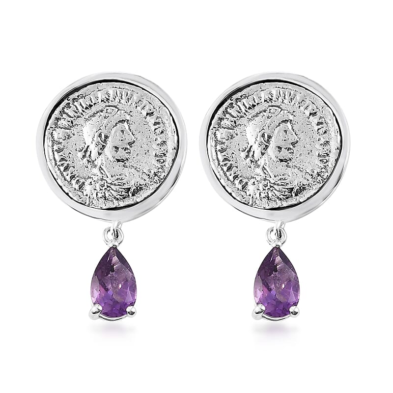GP Roman Coin - Miracle Glow Collection Amethyst Coin Earrings with Drop Charm in Platinum Over Sterling Silver 7.25 Grams 1.60 ctw