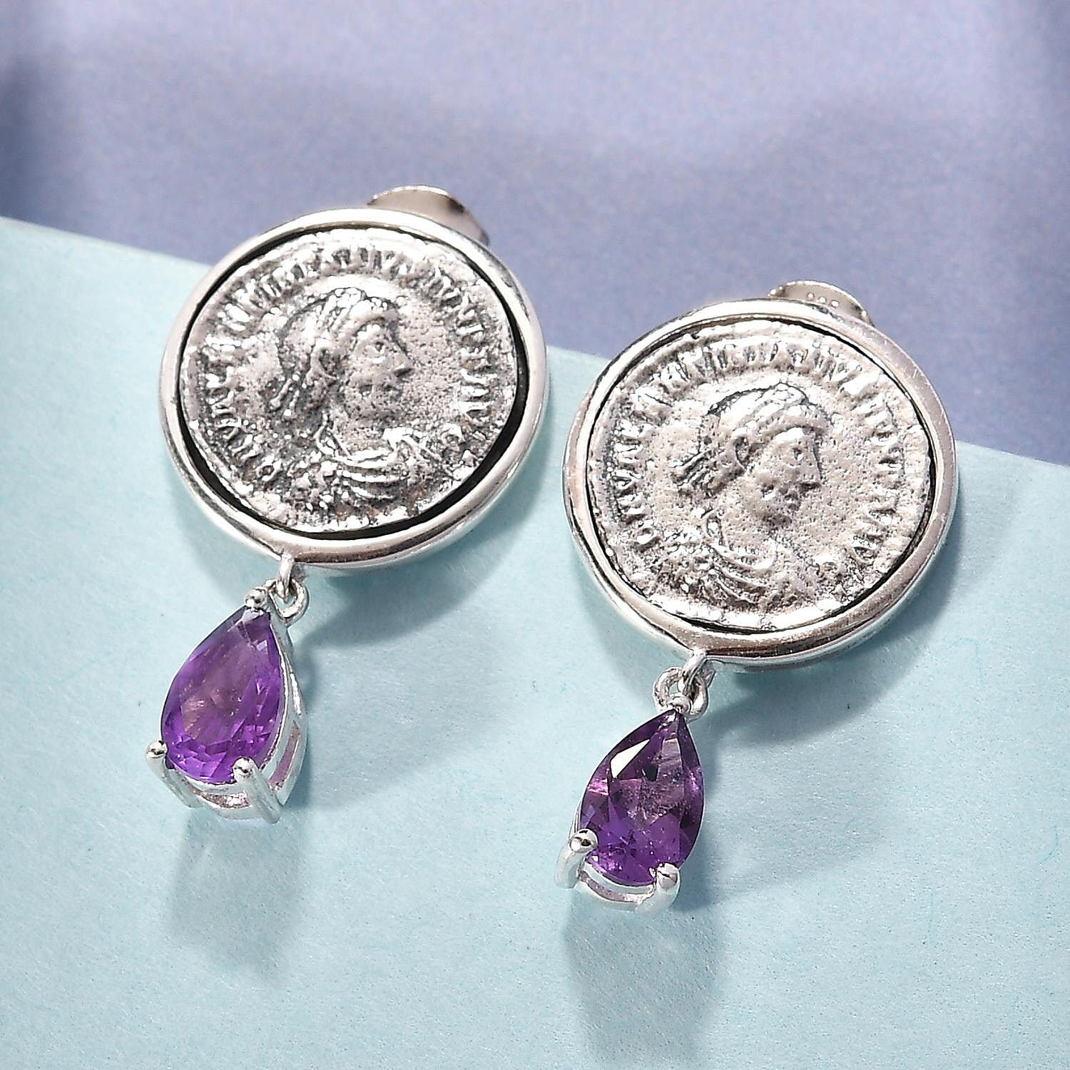 GP Roman Coin - Miracle Glow Collection Amethyst Coin Earrings with Drop Charm in Platinum Over Sterling Silver 7.25 Grams 1.60 ctw