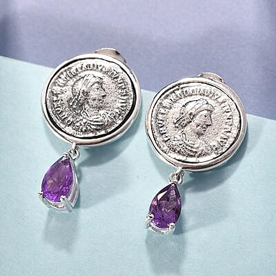 GP Roman Coin - Miracle Glow Collection Amethyst Coin Earrings with Drop Charm in Platinum Over Sterling Silver 7.25 Grams 1.60 ctw