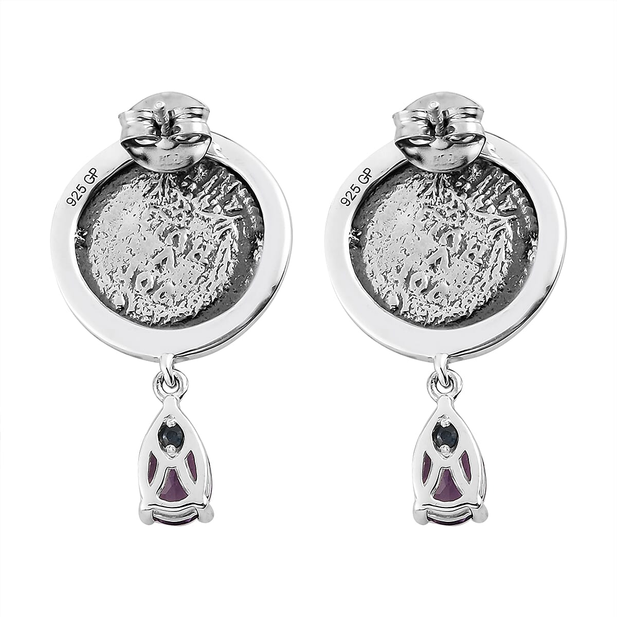 GP Roman Coin - Miracle Glow Collection Amethyst Coin Earrings with Drop Charm in Platinum Over Sterling Silver 7.25 Grams 1.60 ctw
