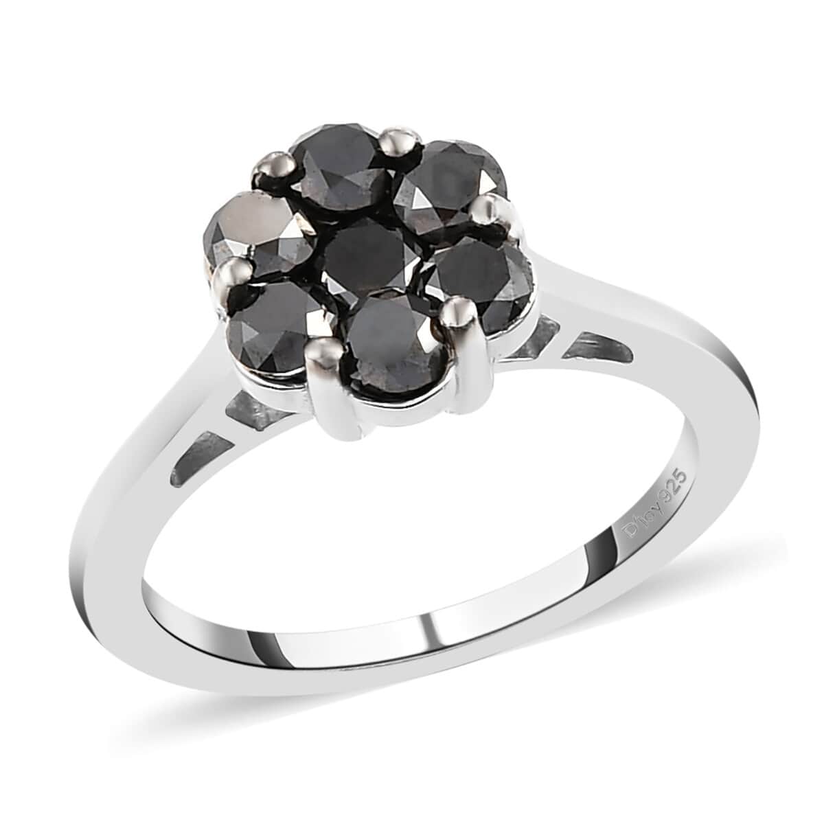 Pressure Set Black Diamond Floral Ring in Platinum Over Sterling Silver (Size 10.0) 1.00 ctw image number 0
