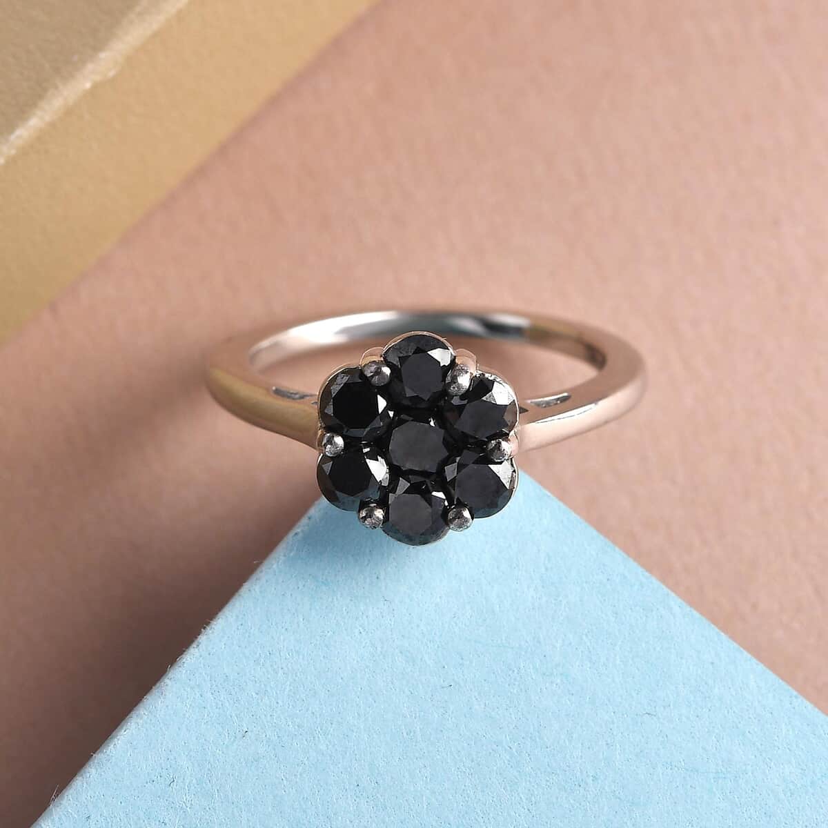 Pressure Set Black Diamond Floral Ring in Platinum Over Sterling Silver (Size 10.0) 1.00 ctw image number 1