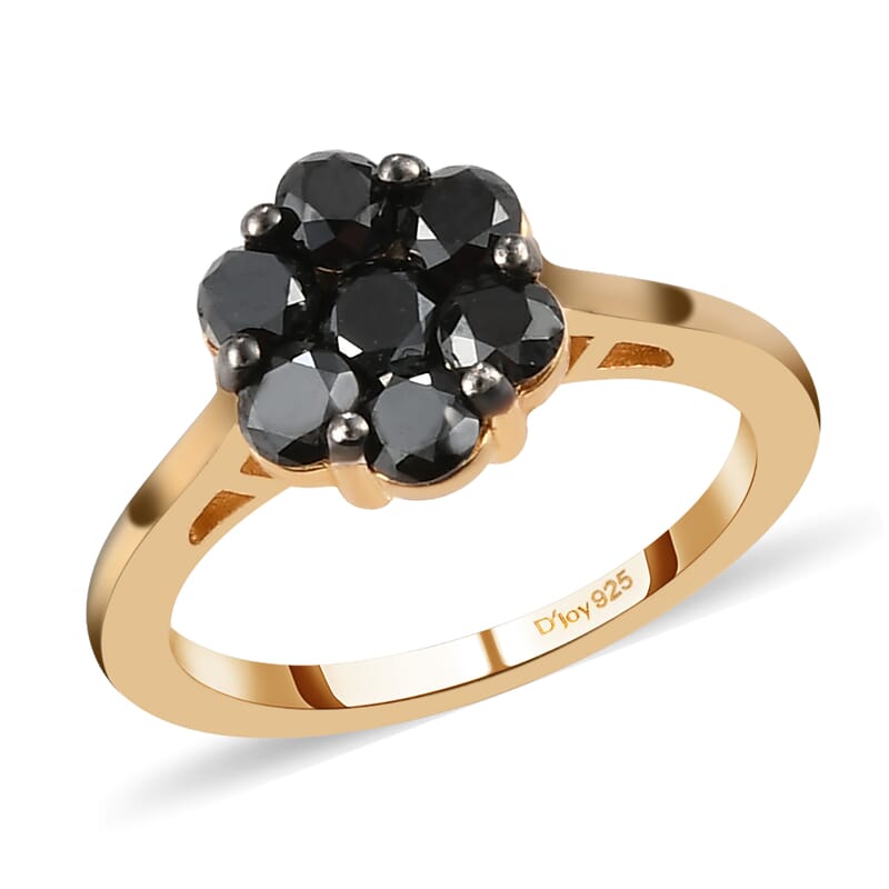 Pressure Set Black Diamond Floral Ring in Vermeil Yellow Gold Over Sterling Silver (Size 10.0) 1.00 ctw