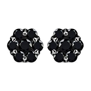 Pressure Set Black Diamond Floral Stud Earrings in Platinum Over Sterling Silver 1.00 ctw