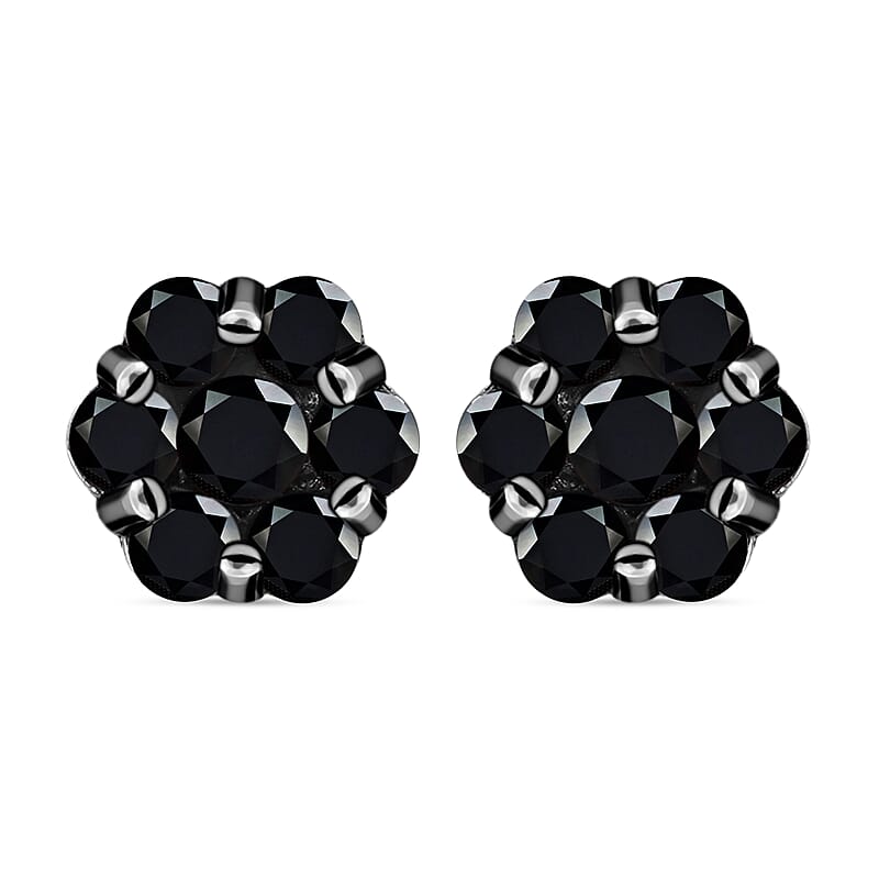 Pressure Set Black Diamond Floral Stud Earrings in Platinum Over Sterling Silver 1.00 ctw