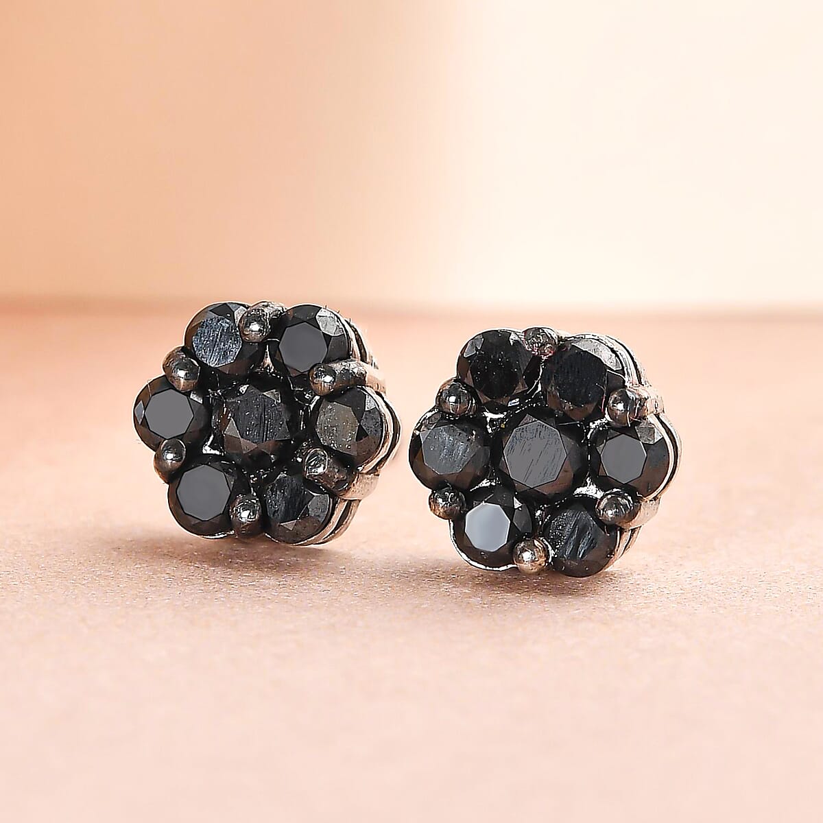 Pressure Set Black Diamond Floral Stud Earrings in Platinum Over Sterling Silver 1.00 ctw image number 1