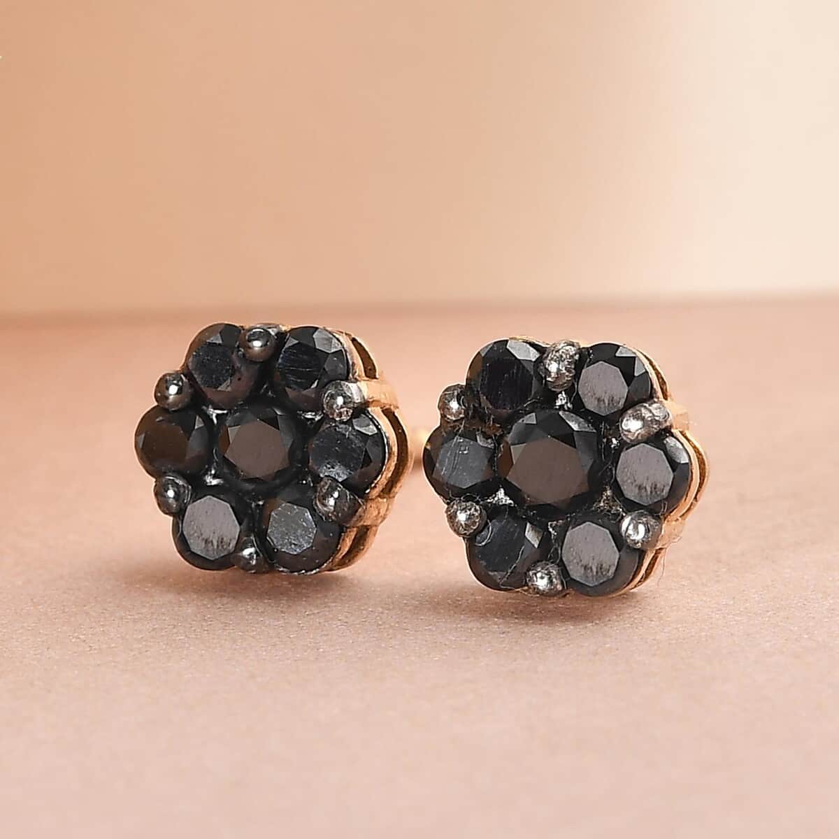 Pressure Set Black Diamond Floral Stud Earrings in Vermeil Yellow Gold Over Sterling Silver 1.00 ctw image number 1