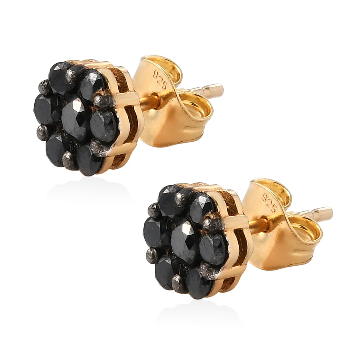 Pressure Set Black Diamond Floral Stud Earrings in Vermeil Yellow Gold Over Sterling Silver 1.00 ctw image number 3