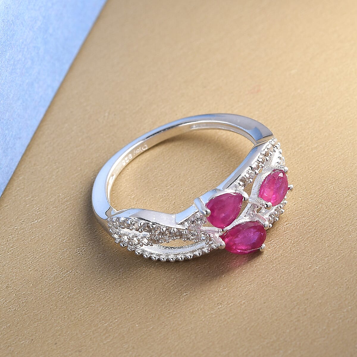 Niassa Ruby (FF) and White Zircon 3 Stone Infinity Ring in Sterling Silver (Size 8.0) 1.10 ctw image number 1