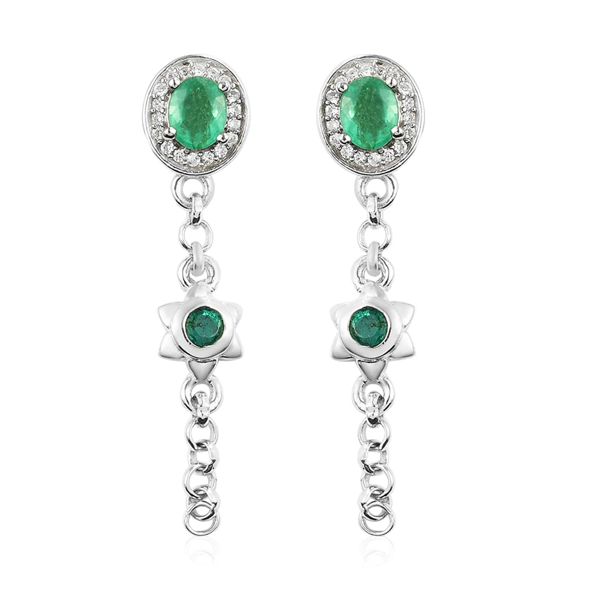 AAA Kagem Zambian Emerald and Natural White Zircon Dangling Earrings in Platinum Over Sterling Silver 1.00 ctw image number 0
