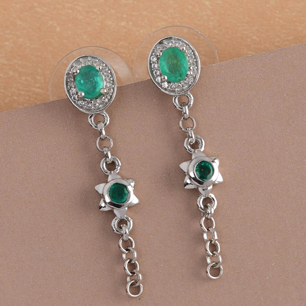 AAA Kagem Zambian Emerald and Natural White Zircon Dangling Earrings in Platinum Over Sterling Silver 1.00 ctw image number 1