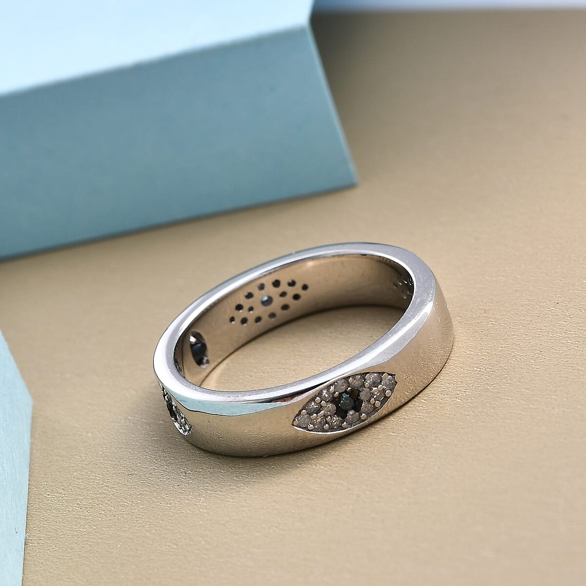 GP Blue Diamond and Diamond Band Ring in Platinum Over Sterling Silver (Size 10.0) 0.33 ctw image number 1