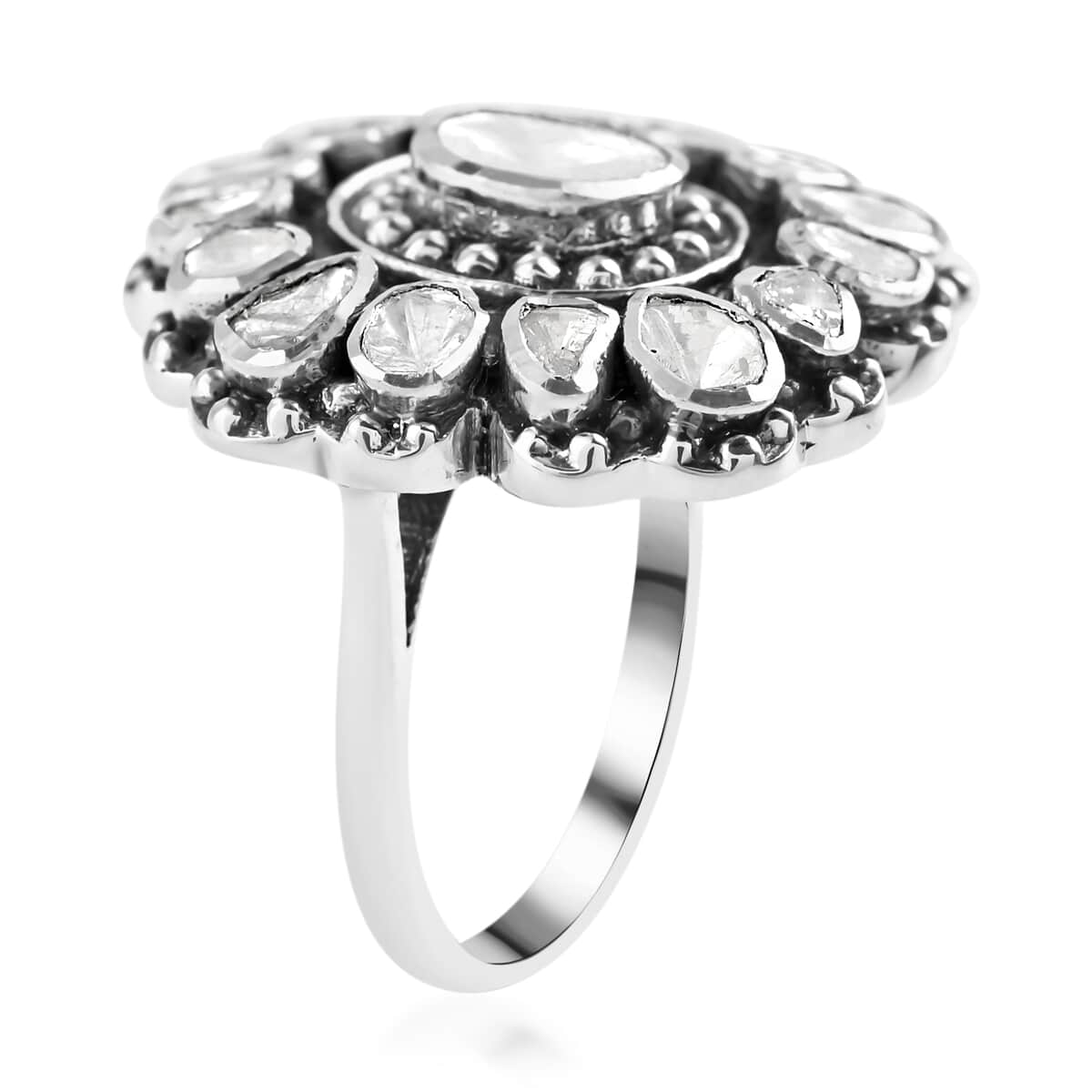 Polki Diamond Flower Ring in Sterling Silver 1.25 ctw image number 3