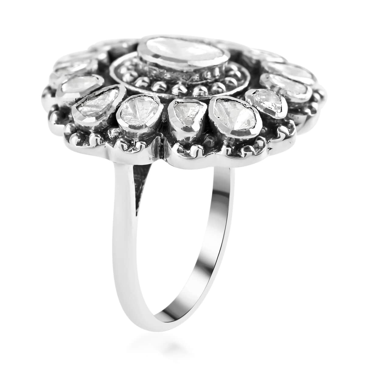 Polki Diamond Flower Ring in Sterling Silver (Size 7.0) 1.25 ctw image number 3