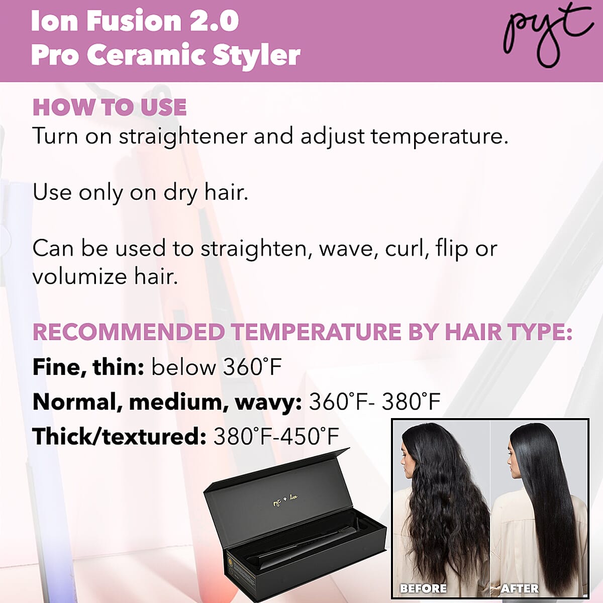 PYT HAIR 1 In Ion Fusion 2.0 Pro Ceramic Flat Iron - Black image number 3