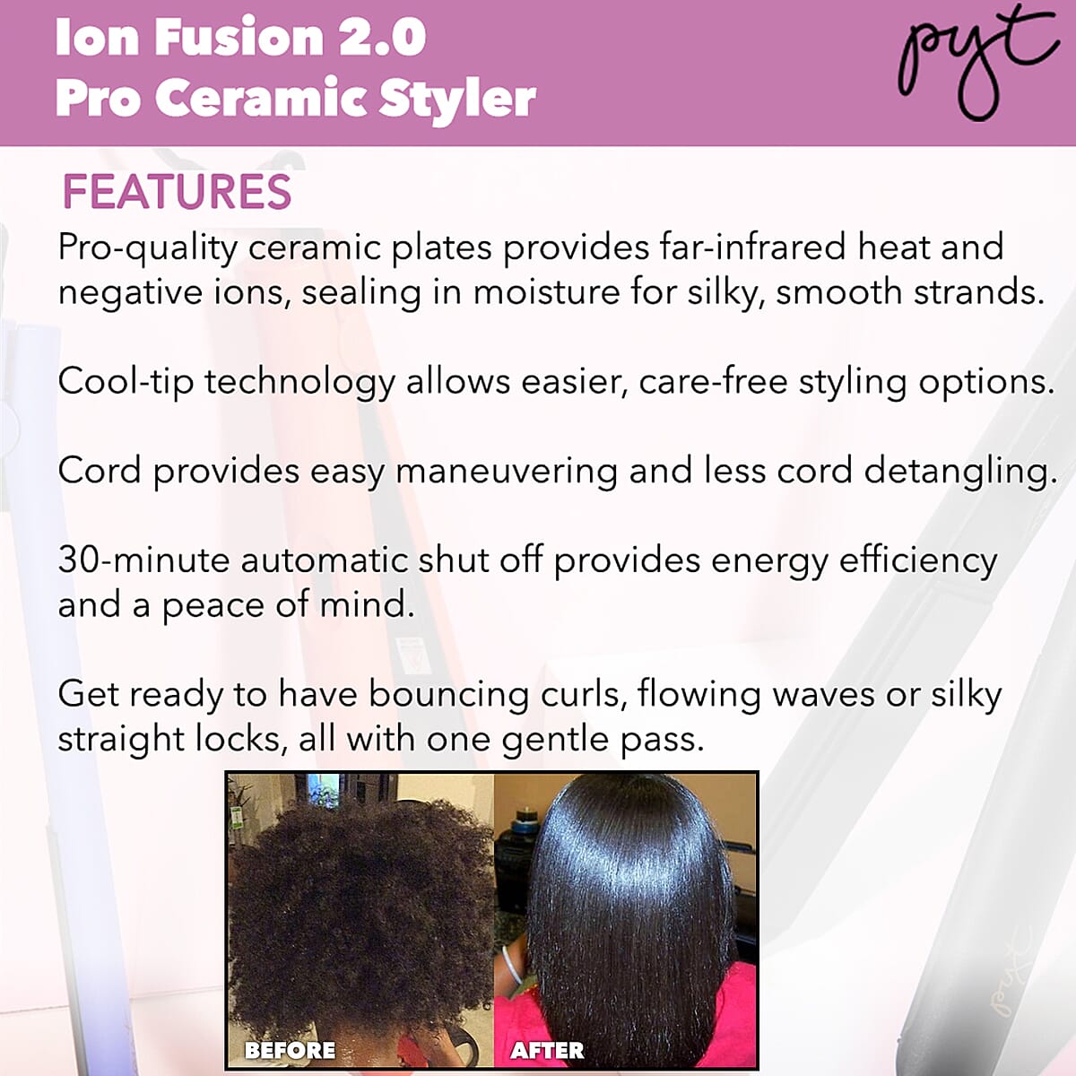 PYT 1" Ion Fusion 2.0 Pro Ceramic Flat Iron - Black image number 2