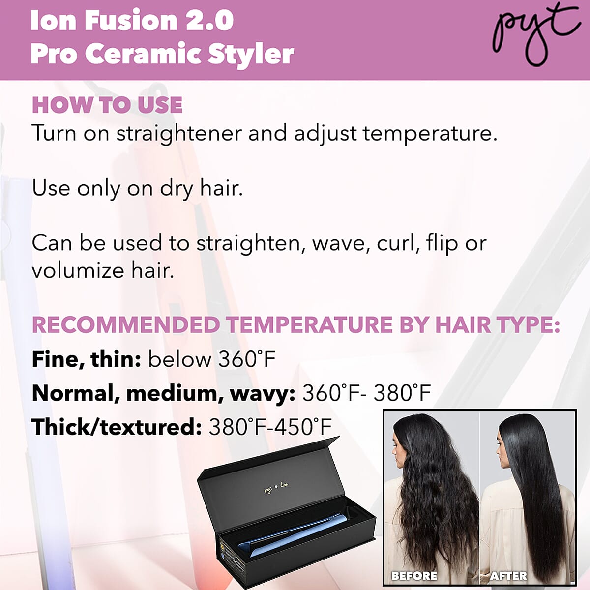 PYT 1" Ion Fusion 2.0 Pro Ceramic Flat Iron - Black image number 3