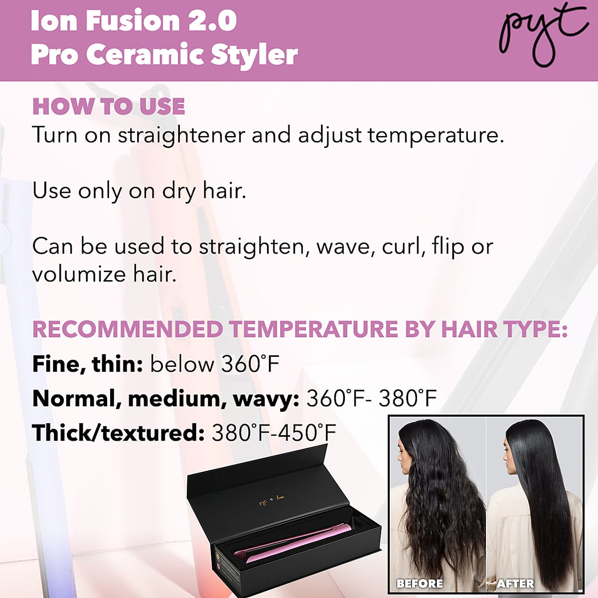 PYT HAIR 1 In Ion Fusion 2.0 Pro Ceramic Flat Iron - Pink image number 3