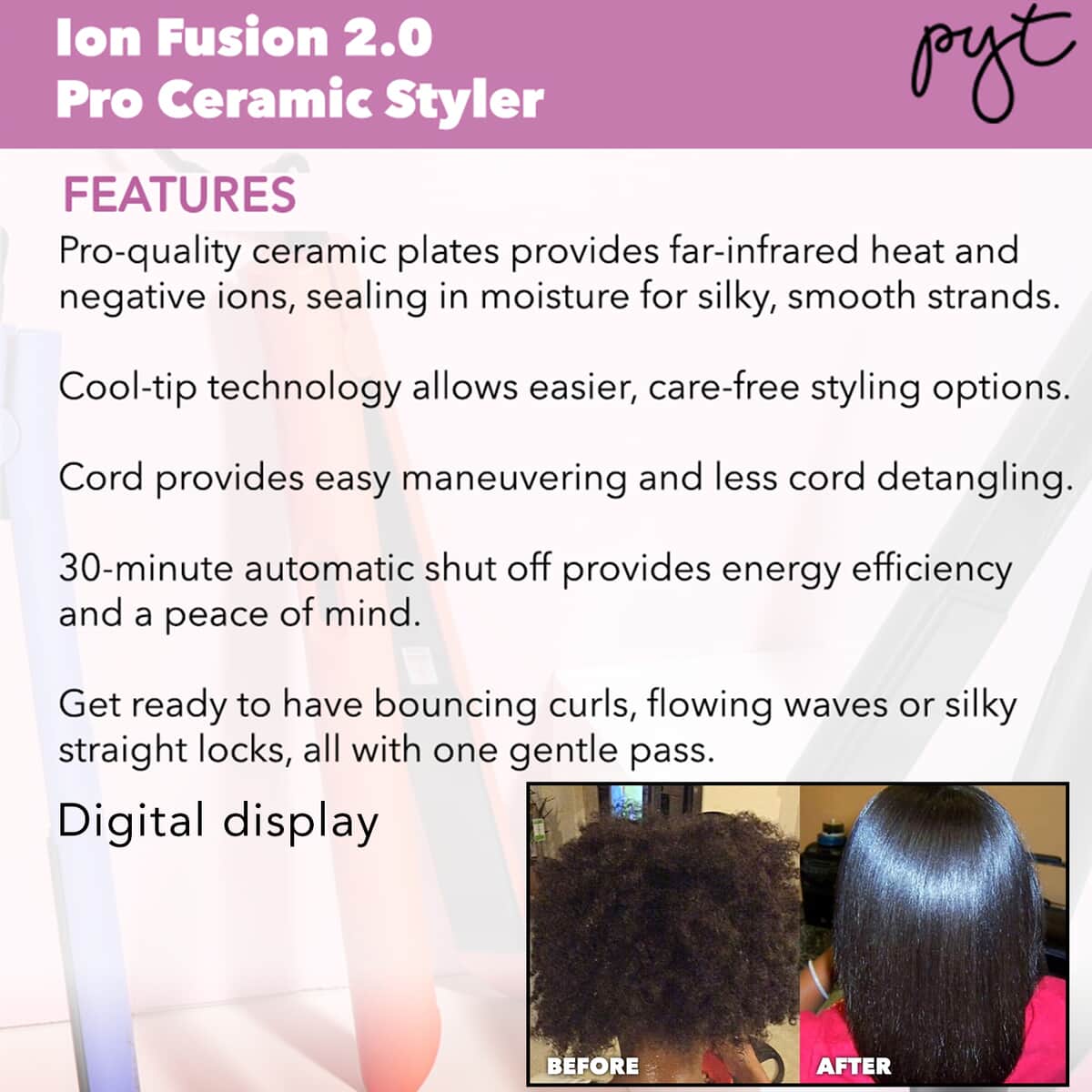 PYT HAIR 1 In Ion Fusion 2.0 Pro Digital Ceramic Styler - Purple Amethyst image number 2