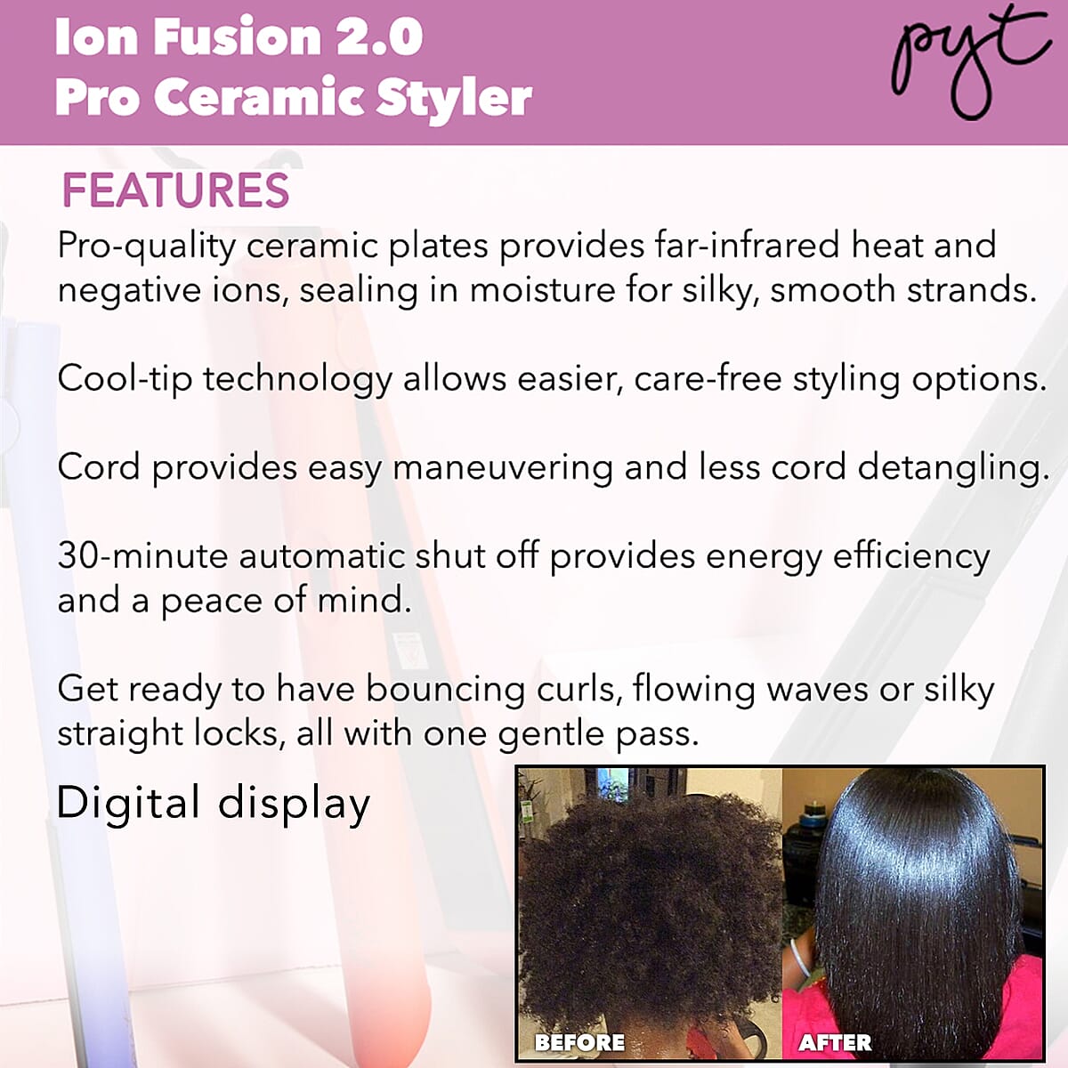 PYT HAIR 1 In Ion Fusion 2.0 Pro Digital Ceramic Flat Iron - Tanzanite image number 2
