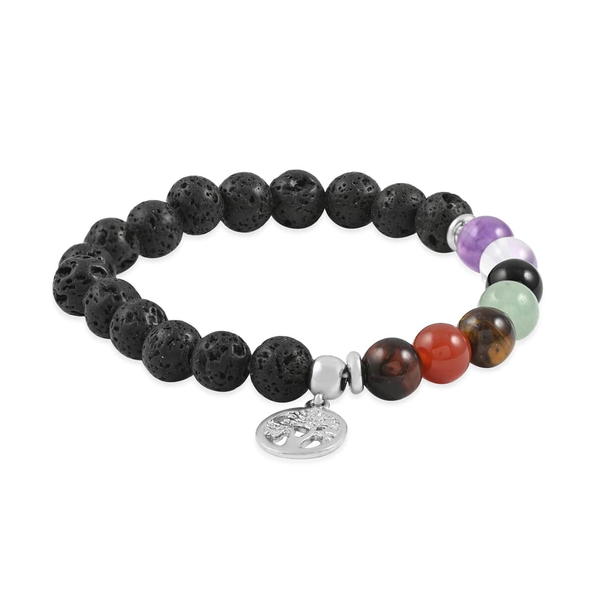 Multi Gemstone Beaded Chakra Stretch Bracelet with Tree of Life Charm in Silvertone 25.00 ctw image number 0