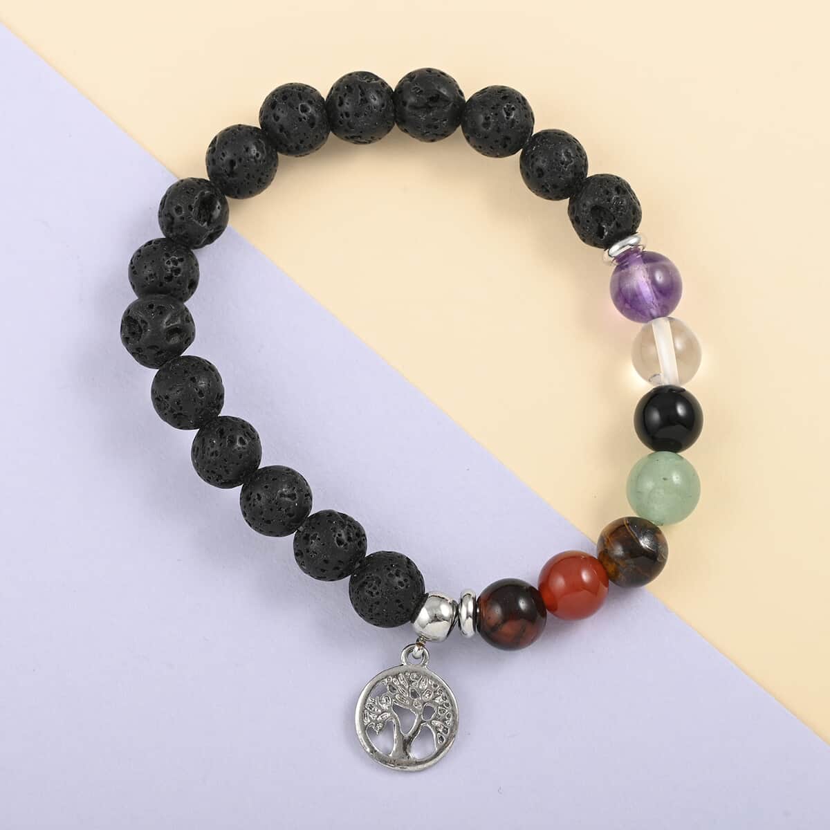 Multi Gemstone Beaded Chakra Stretch Bracelet with Tree of Life Charm in Silvertone 25.00 ctw image number 1
