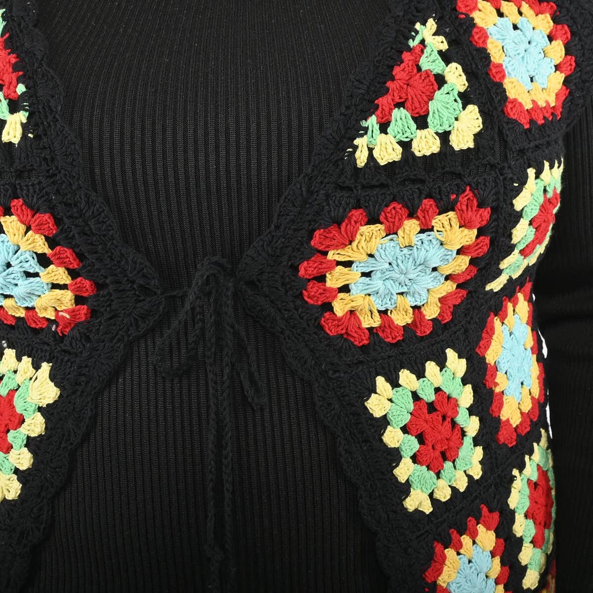 Tamsy Black and Red Traditional Handwoven Crochet Vest - One Size Fits Most image number 4