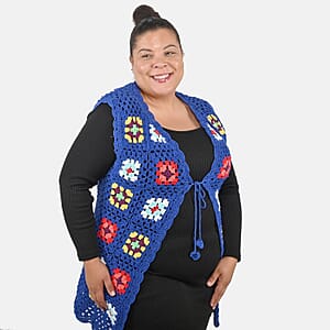Tamsy Blue Traditional Handwoven Crochet Vest - One Size Fits Most