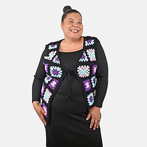 Tamsy Black and Purple Traditional Handwoven Crochet Vest - One Size Fits Most