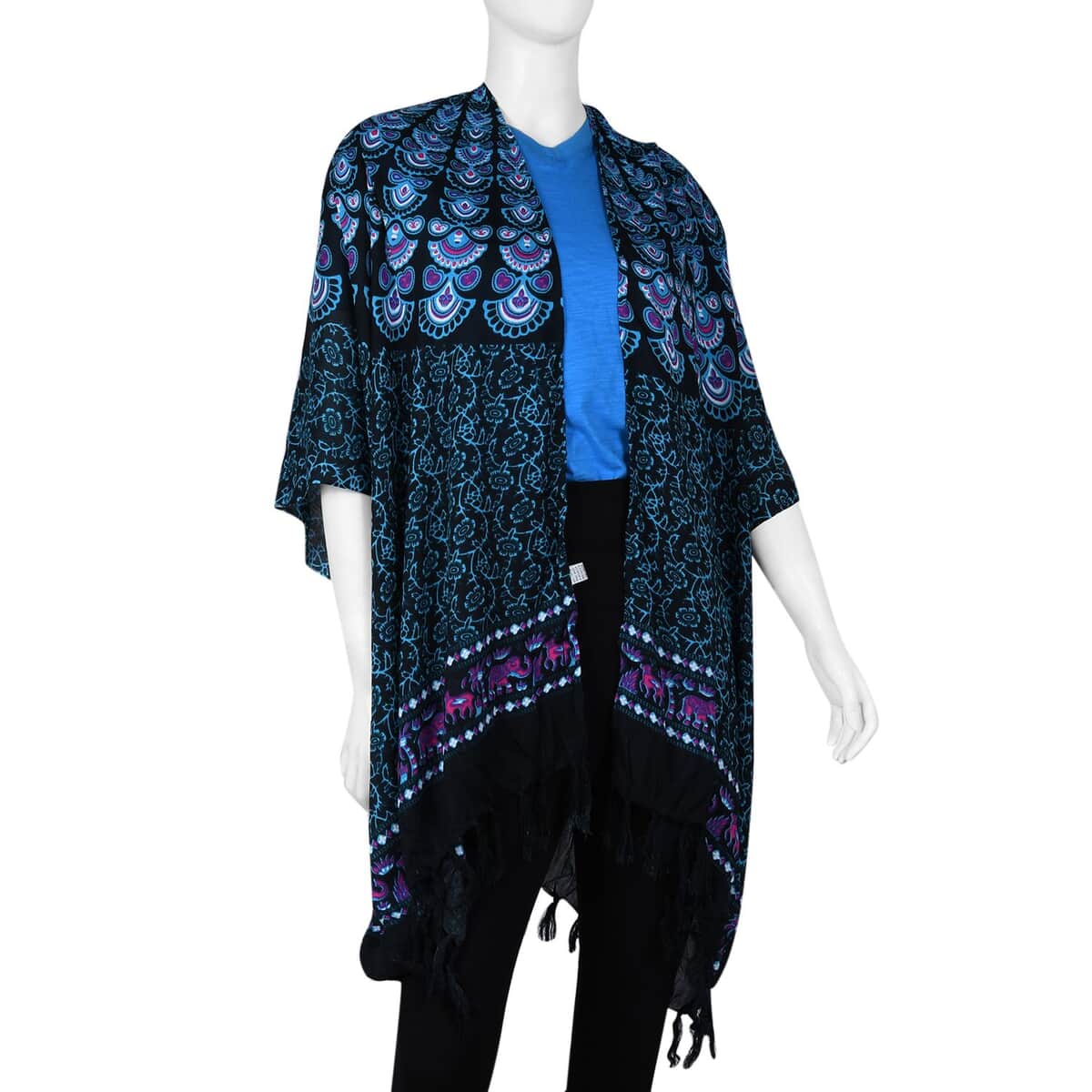 Tamsy Blue and Black Bohemian Printed Rayon Kimono with Tassels - One Size Fits Most image number 0