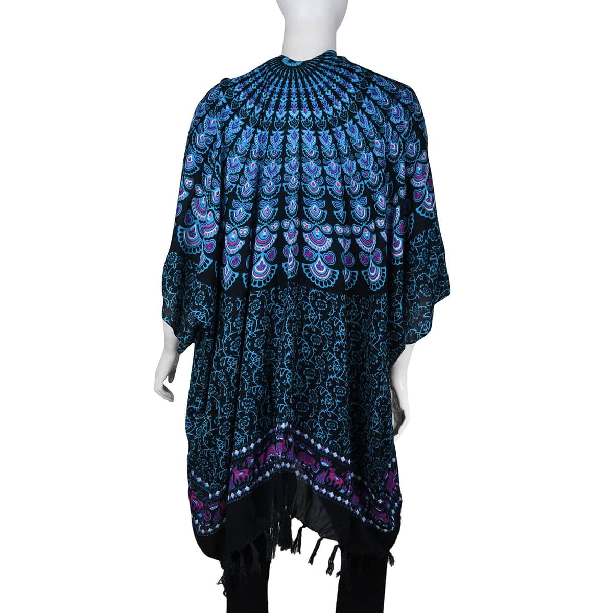 Tamsy Blue and Black Bohemian Printed Rayon Kimono with Tassels - One Size Fits Most image number 1